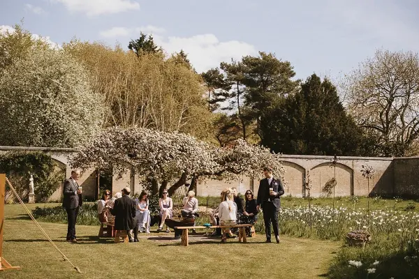 Charming outdoor ceremony space set under a blooming tree, surrounded by lush greenery and guests seated on rustic benches.