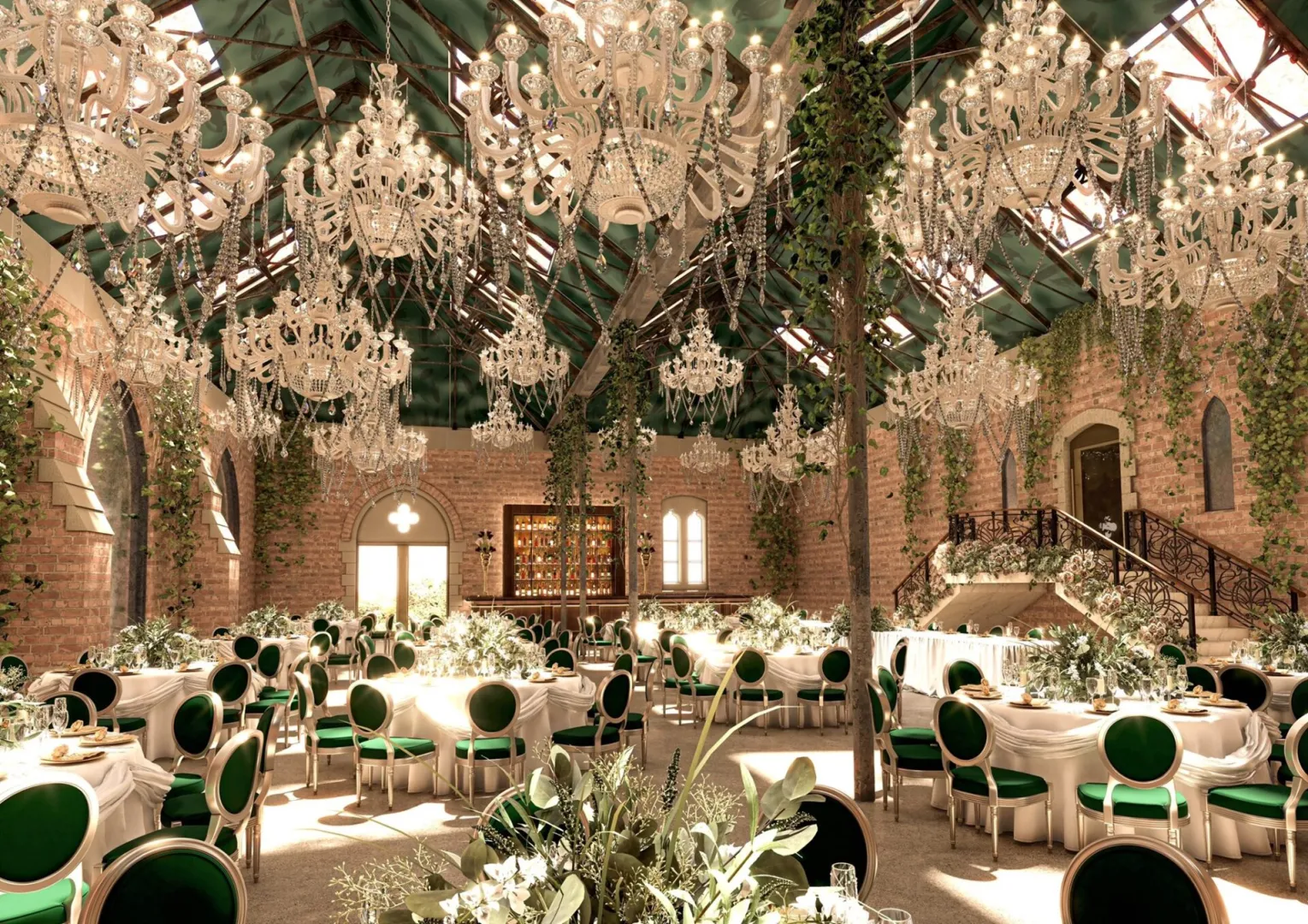 Elegant venue featuring a stunning interior with crystal chandeliers, lush greenery, and tasteful round tables for an enchanting wedding celebration.