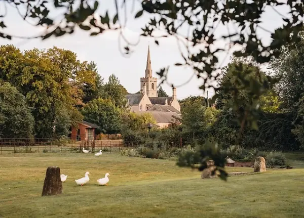 Charming outdoor setting featuring lush greenery, a quaint church in the background, and peaceful ducks wandering the manicured lawn.