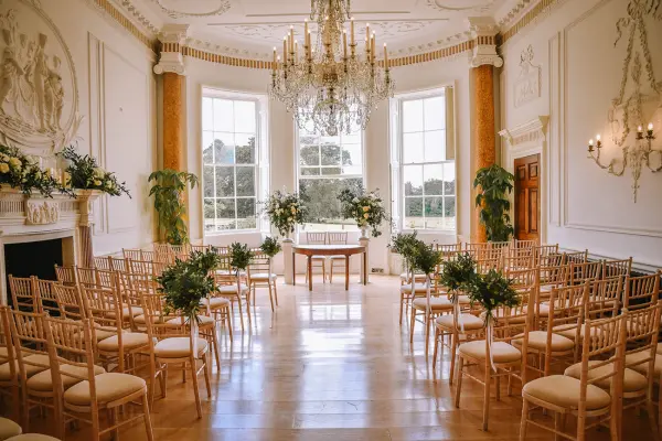 Elegant indoor ceremony space featuring chiavari chairs, lush greenery, large windows, and a stunning chandelier as a focal point.