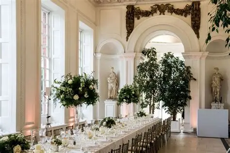 Elegant dining setup featuring a long table, lush floral arrangements, and classical statues in a beautifully lit reception hall.