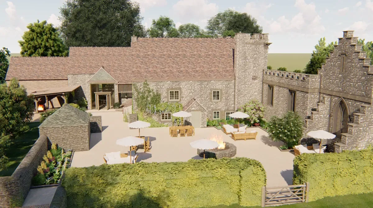 Scenic stone estate with lush gardens, outdoor seating, and cozy fire pit, providing a charming setting for wedding ceremonies and receptions.