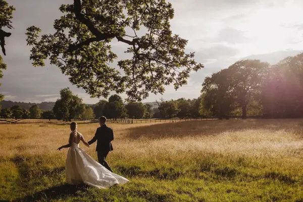Couple walks hand in hand through a sunlit meadow, framed by lush trees, creating a romantic outdoor wedding setting.