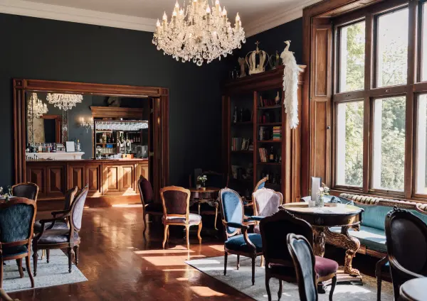 Elegant lounge featuring a polished wood floor, vintage seating, and a stunning chandelier, perfect for intimate gatherings and pre-wedding moments.